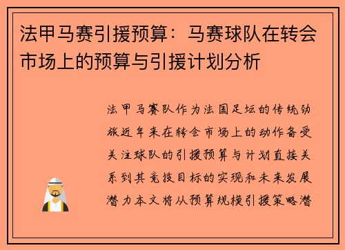 法甲马赛引援预算：马赛球队在转会市场上的预算与引援计划分析