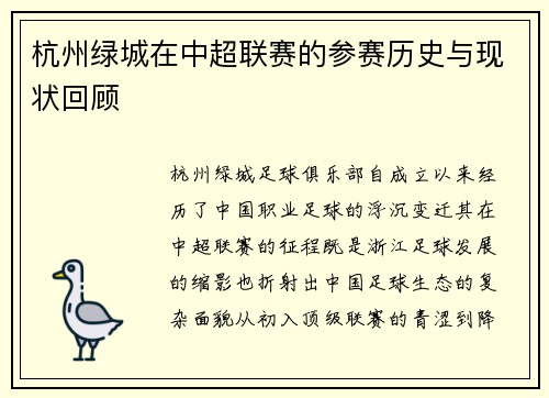 杭州绿城在中超联赛的参赛历史与现状回顾