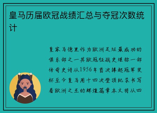 皇马历届欧冠战绩汇总与夺冠次数统计